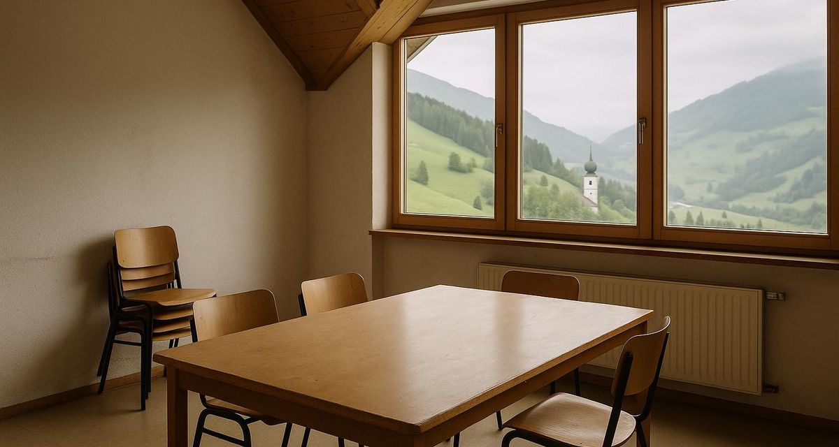 Lege vergaderruimte met houten tafel en uitzicht op groene hellingen oostenrijk